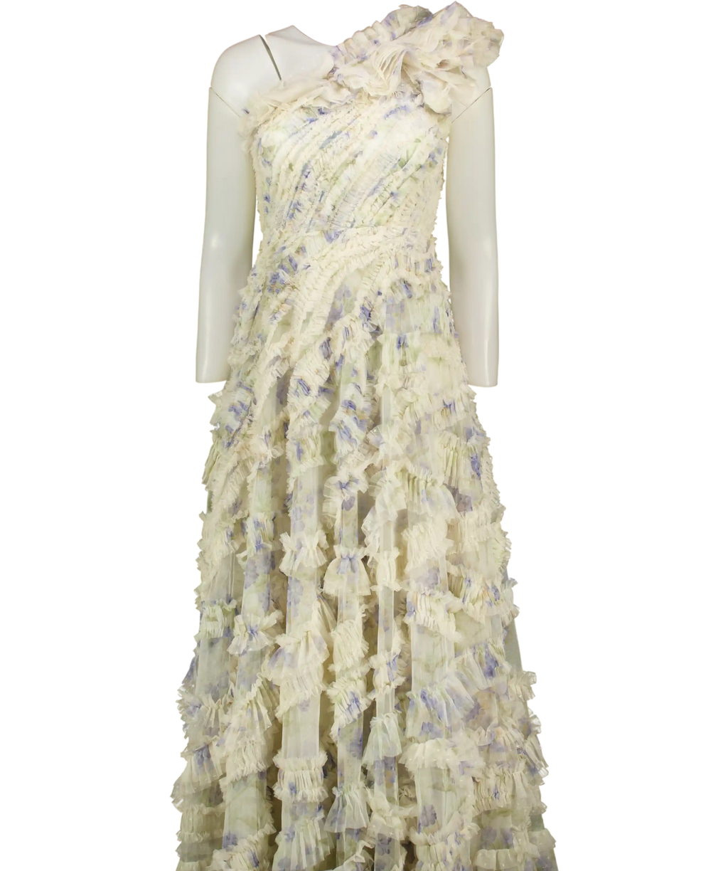 NEEDLE & THREAD Summer Posy Aaliyah One-shoulder Gown Cream Blue UK 8