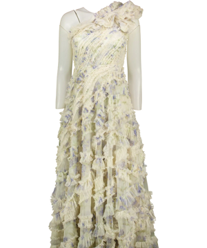 NEEDLE & THREAD Summer Posy Aaliyah One-shoulder Gown Cream Blue UK 8
