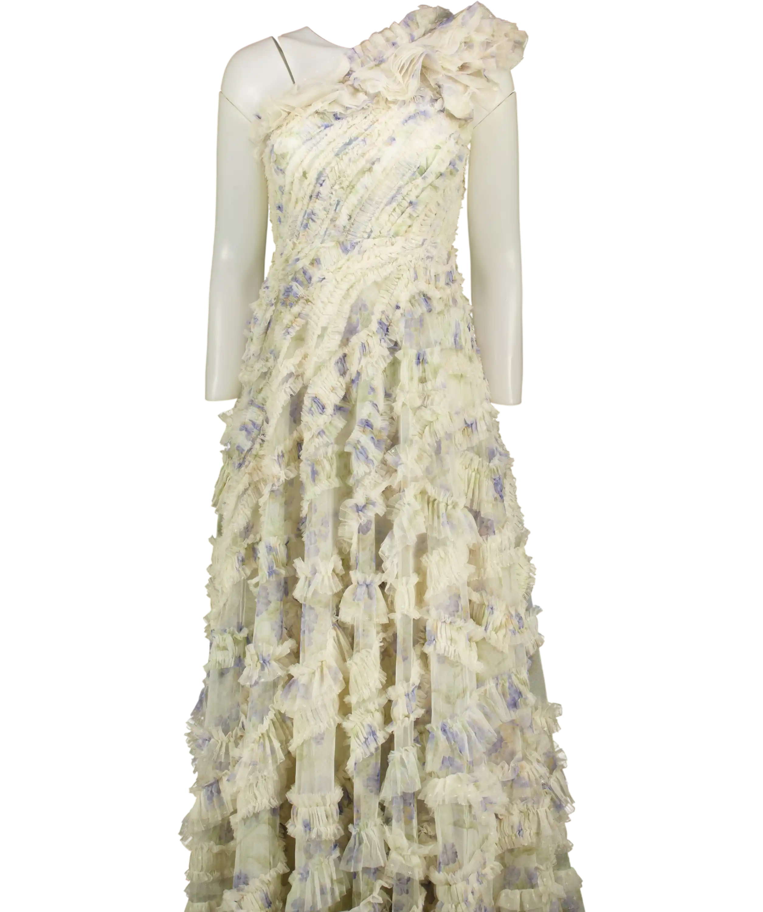 NEEDLE & THREAD Summer Posy Aaliyah One-shoulder Gown Cream Blue UK 8