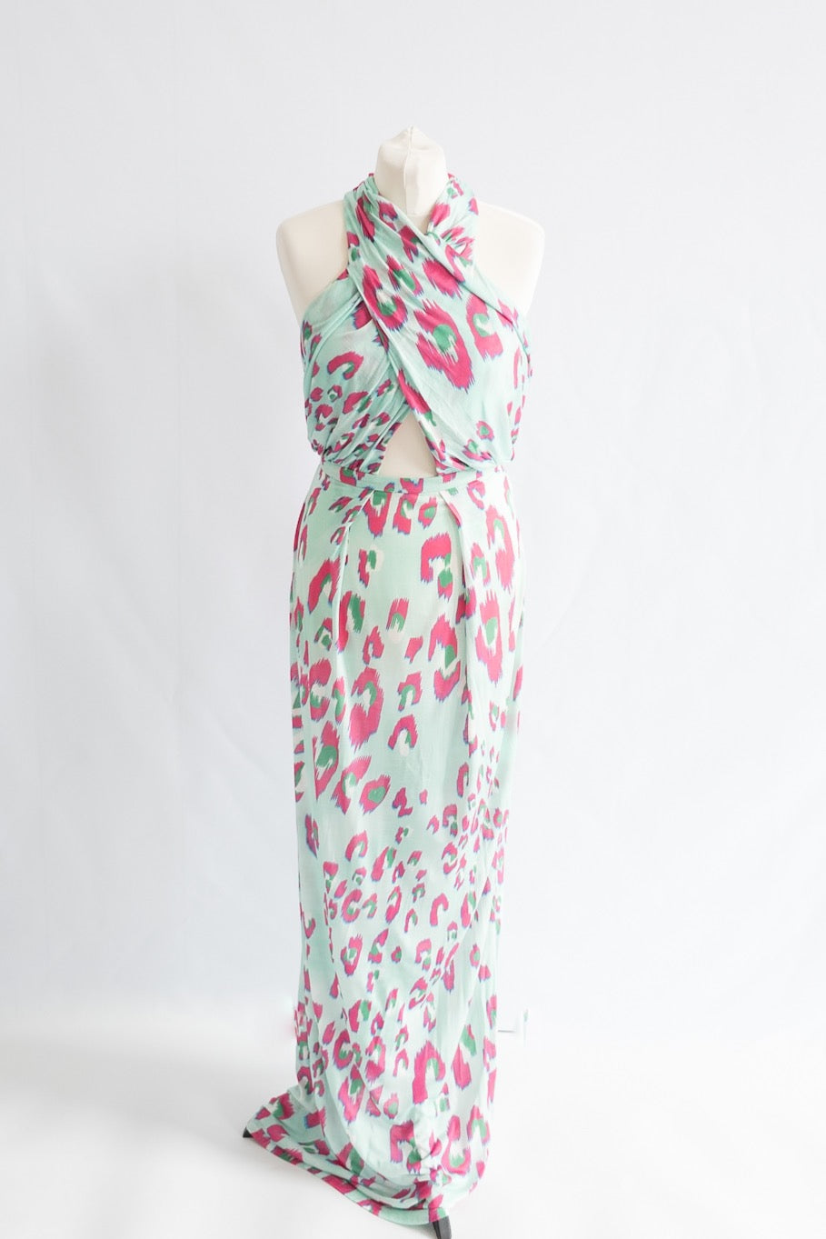 Matthew Williamson Blue Electro Leopard Print Cutout Detail Jersey Maxi Dress UK 10