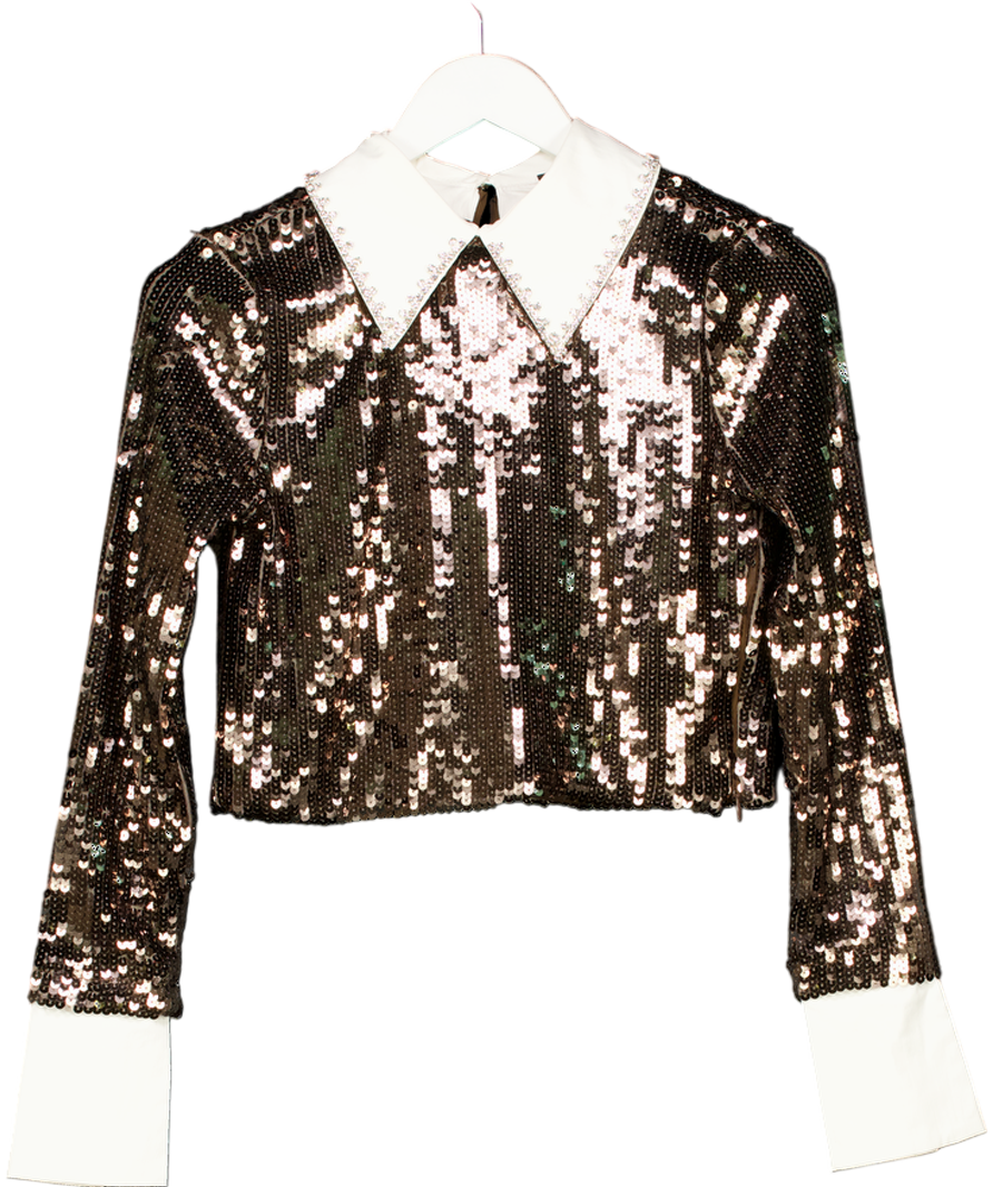 Karen Millen Brown Sequin Woven Long Sleeve Crop Top UK 8