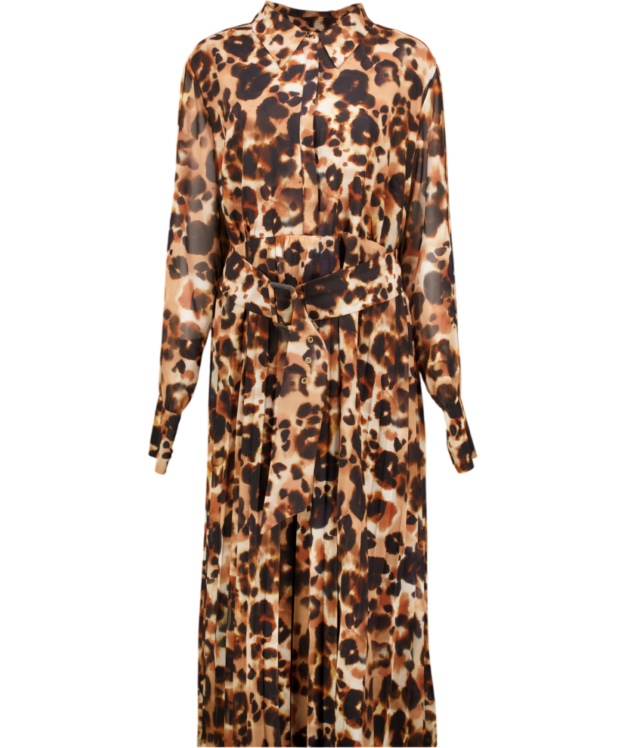 KAREN MILLEN Brown Animal Print Georgette Belted Woven Shirt Dress UK 24