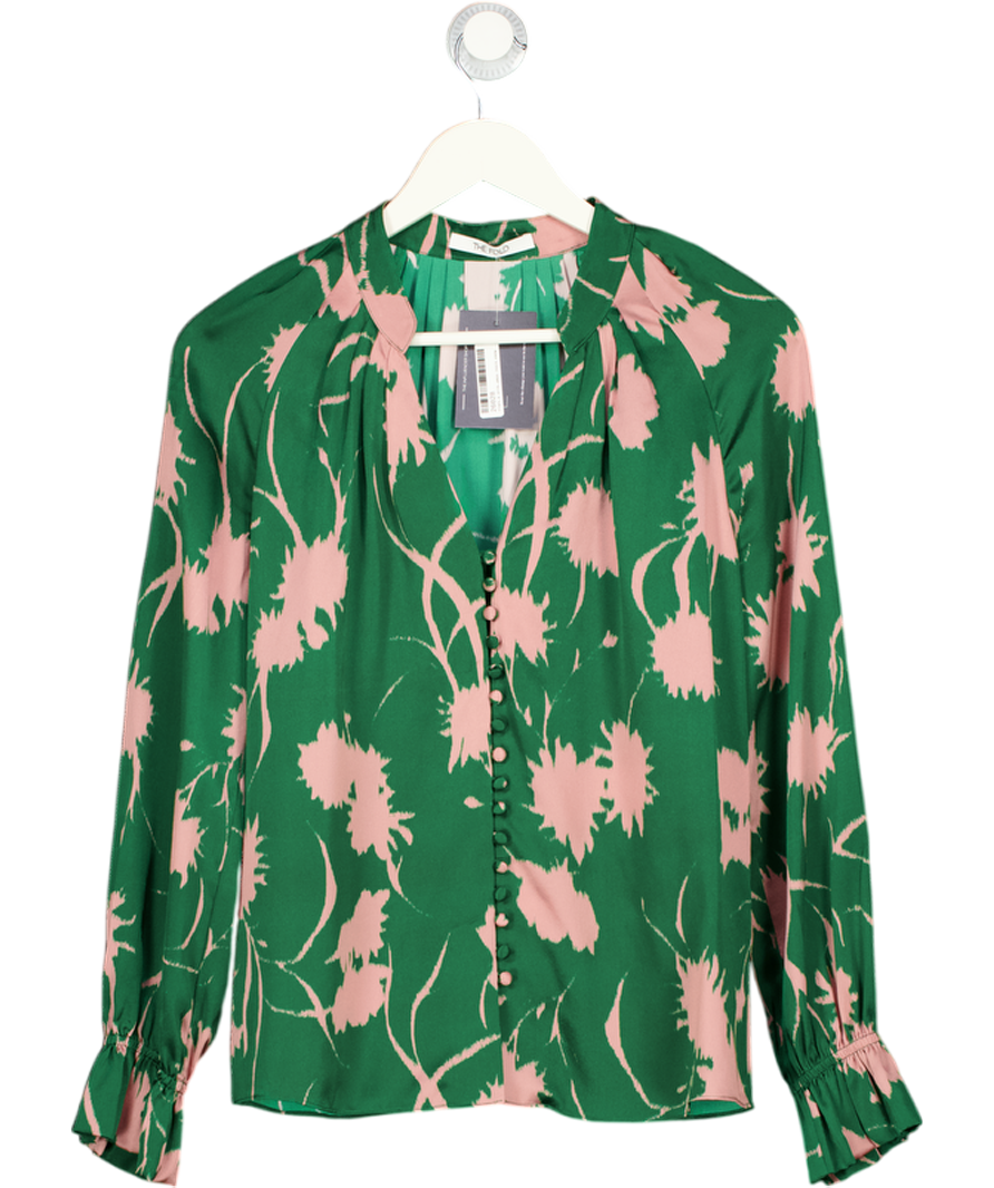 The Fold Green Silk Satin Print Blouse UK 8