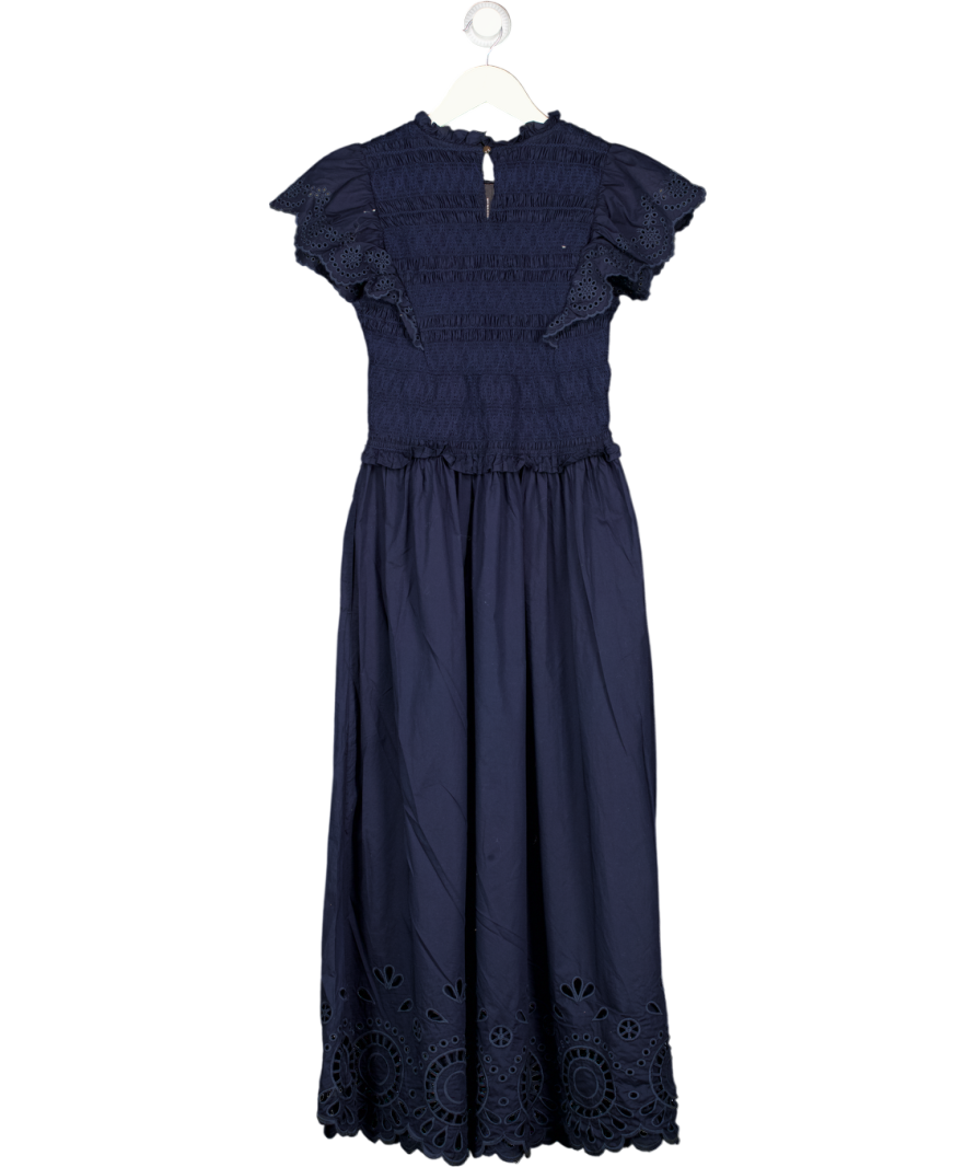 J. MCLAUGHLIN Navy Blue Shirred Bodice Cotton Broderie Midi Dress UK S