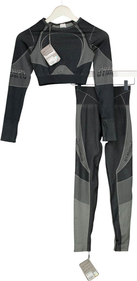 GYMSHARK 2-piece Grey Logo Turbo Seamless Long Sleeve Crop Top And Leggings Set UK XS