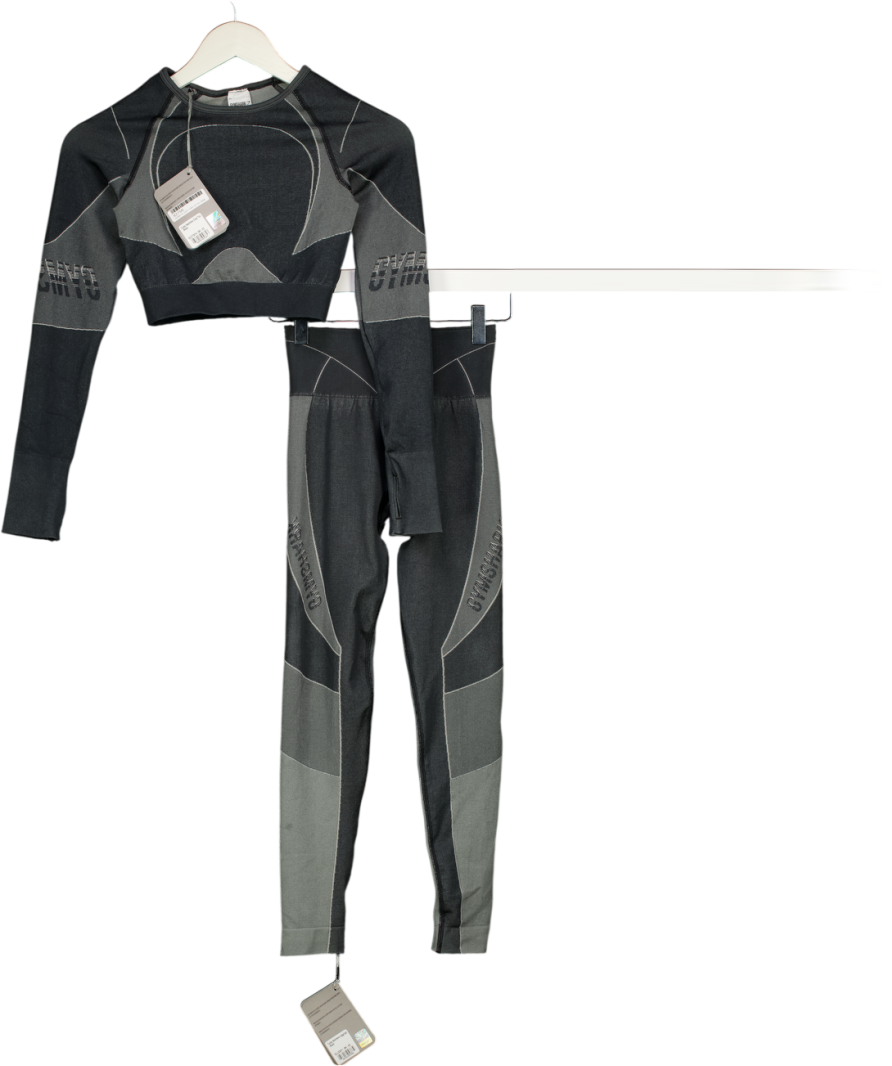 GYMSHARK 2-piece Grey Logo Turbo Seamless Long Sleeve Crop Top And Leggings Set UK XS