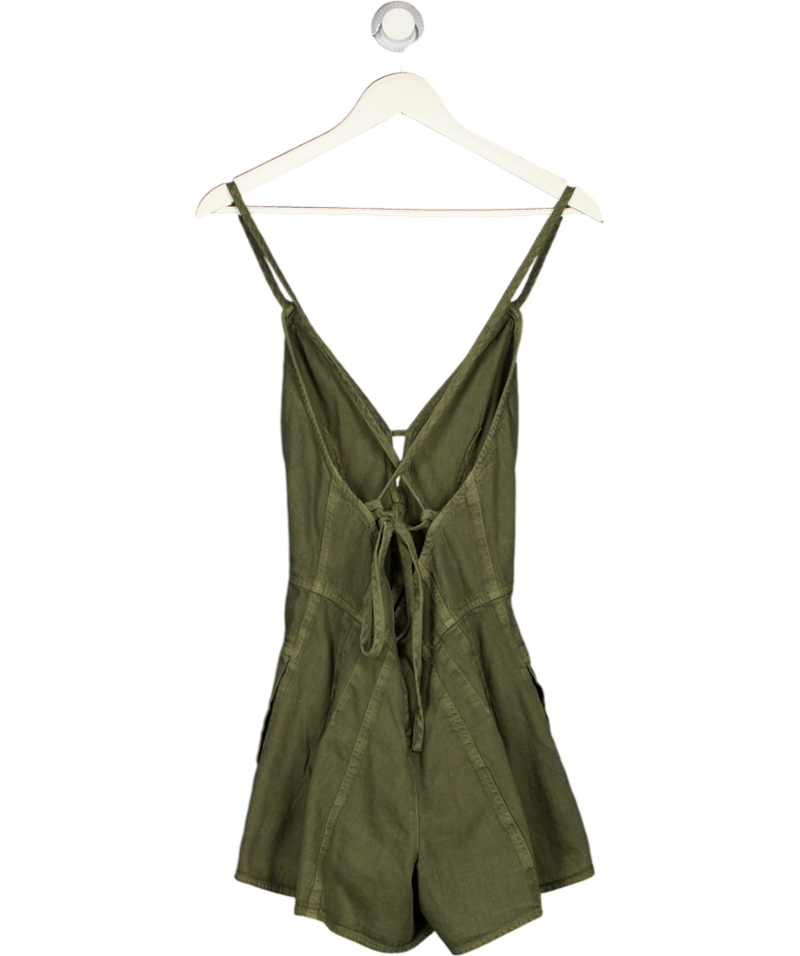 FREE PEOPLE Khaki Green Cotton Tie-back Romper Playsuit UK S