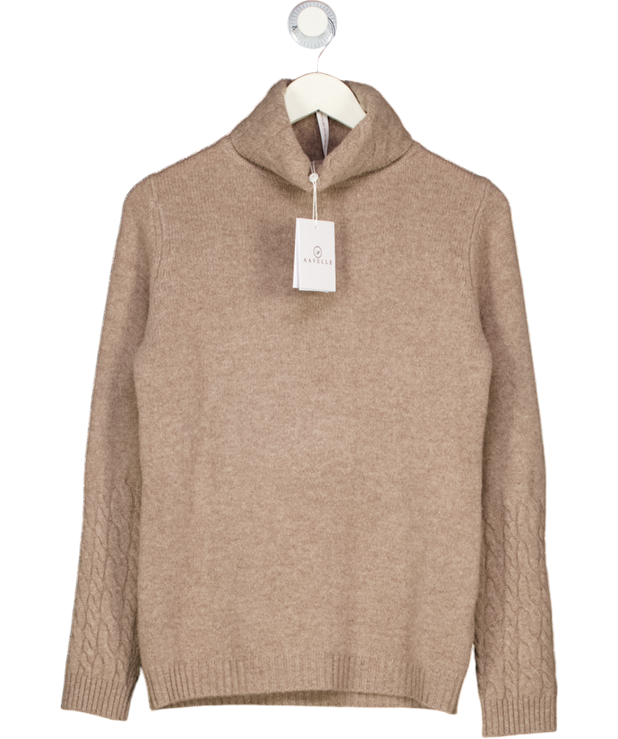 AAVELLE Beige 100% Superfine Merino Wool Roll Neck Jumper UK S