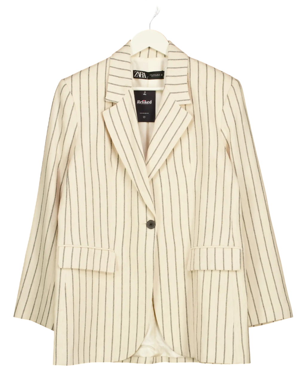 ZARA Cream / Black Striped Straight Cut Linen Blend Blazer UK M