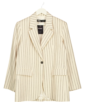ZARA Cream / Black Striped Straight Cut Linen Blend Blazer UK M