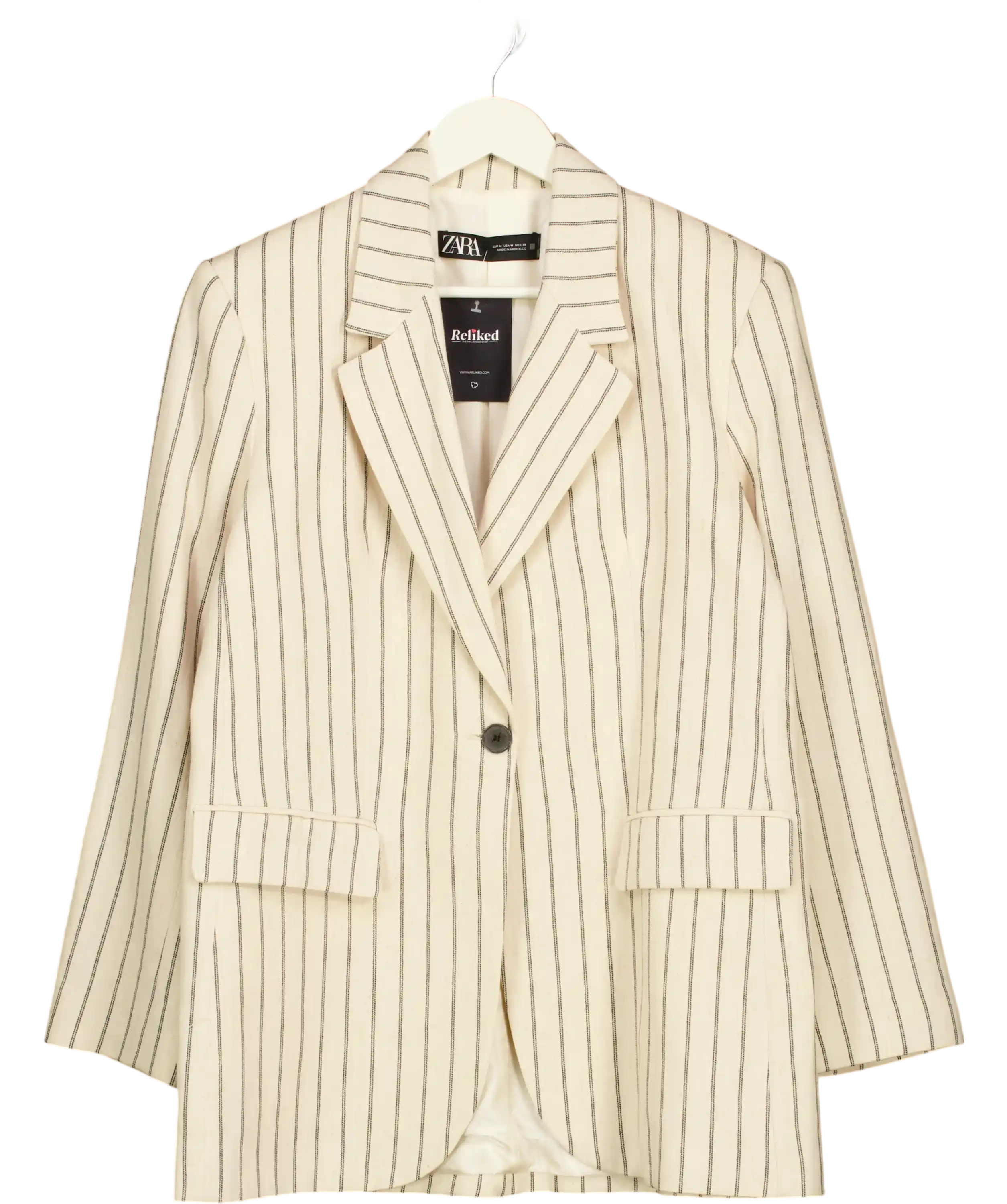 ZARA Cream / Black Striped Straight Cut Linen Blend Blazer UK M