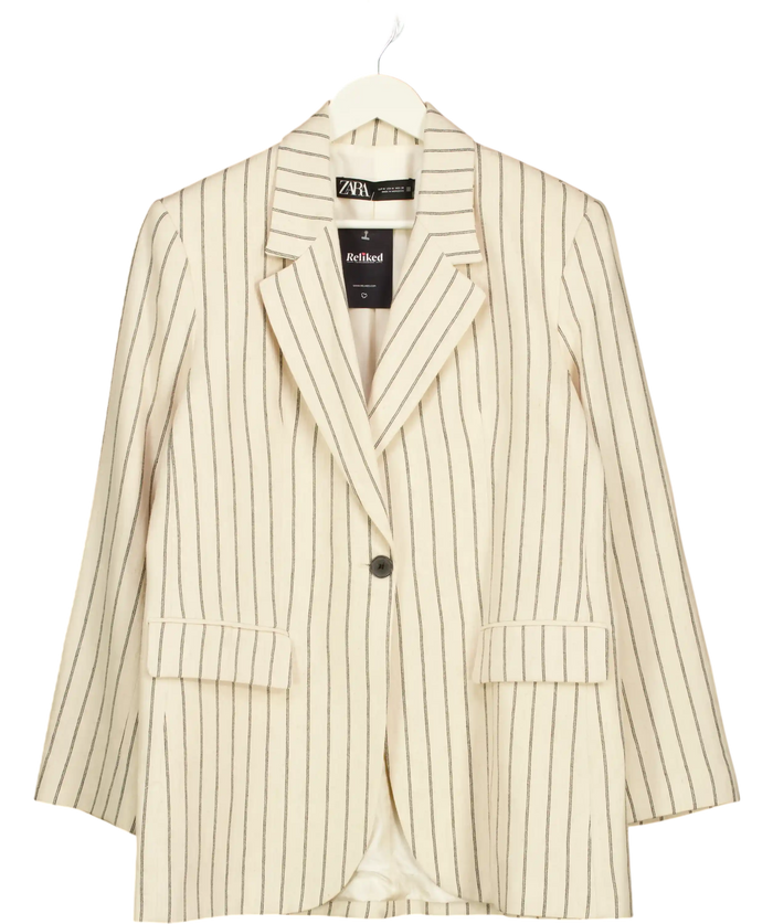 ZARA Cream / Black Striped Straight Cut Linen Blend Blazer UK M