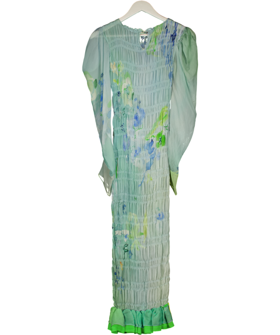 ROBERTA EINER Blue Watercolour Print Shirred Sheer Midi Dress UK S