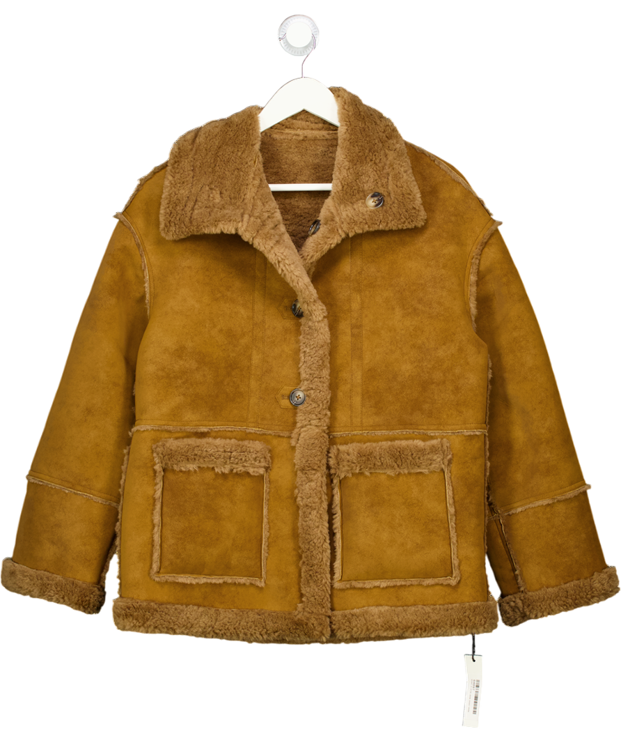 COMMENSE Tan Brown Oversize Reversible Shearling Collared Jacket UK XS