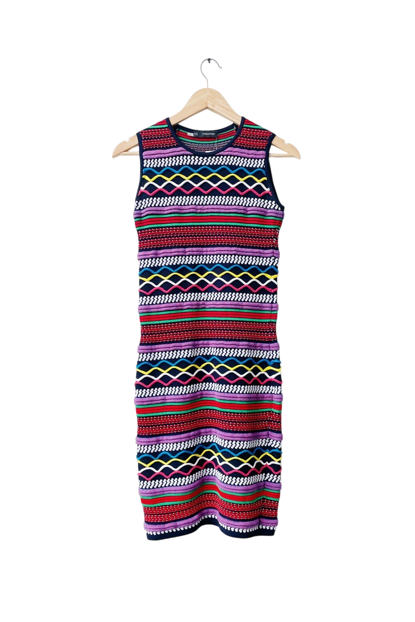 DSQUARED2 Multicoloured Sleeveless Knit Textured Stripe Mini Dress UK M