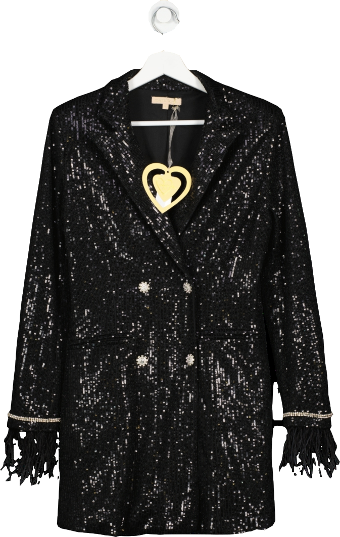 Soky & Soka Black Feather Trimmed Sequin Blazer Dress UK M