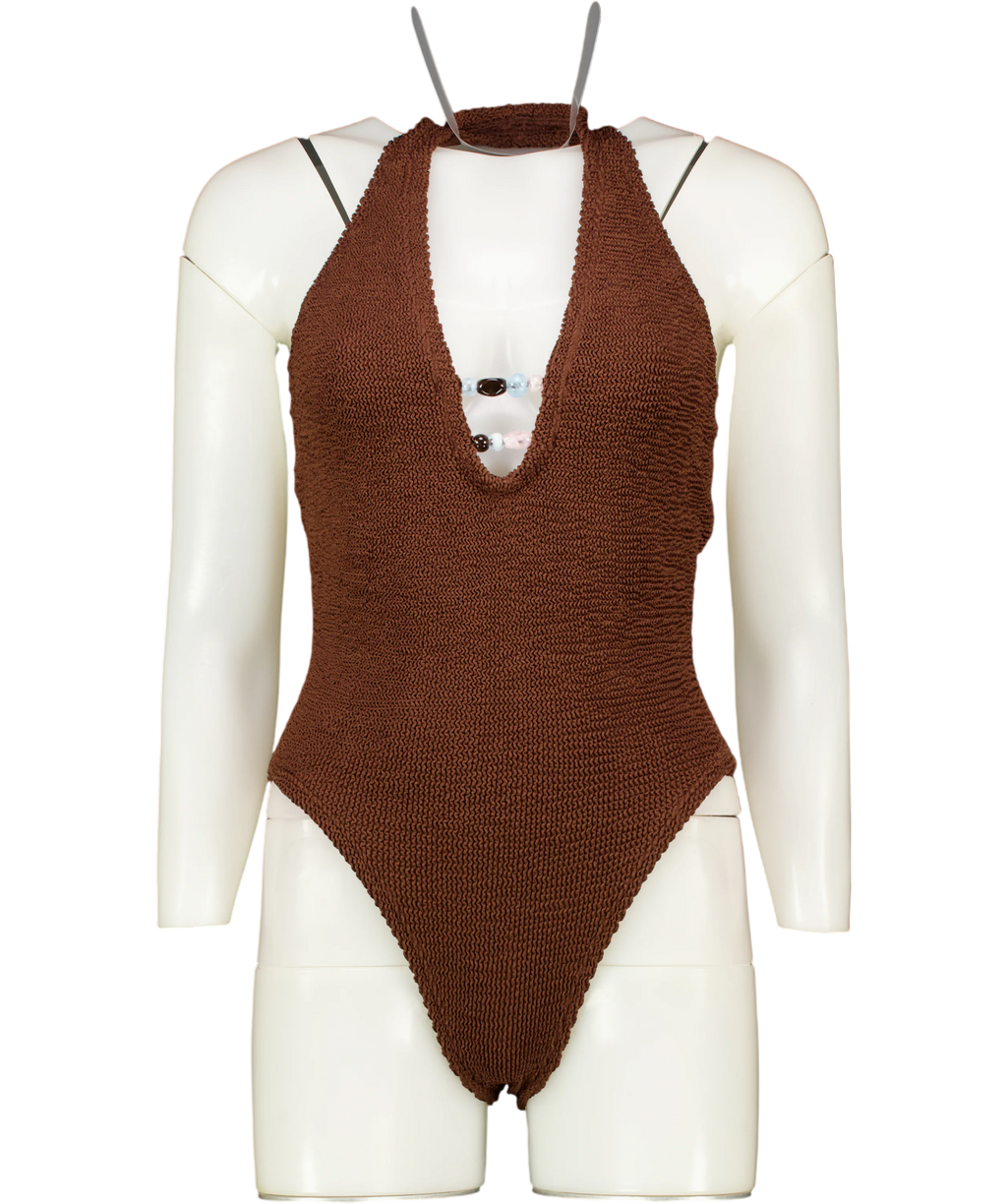 HUNZA G Chocolate Brown Adriana Halter Beaded Swimsuit One Size