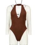 HUNZA G Chocolate Brown Adriana Halter Beaded Swimsuit One Size