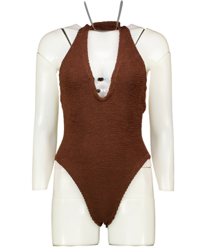HUNZA G Chocolate Brown Adriana Halter Beaded Swimsuit One Size