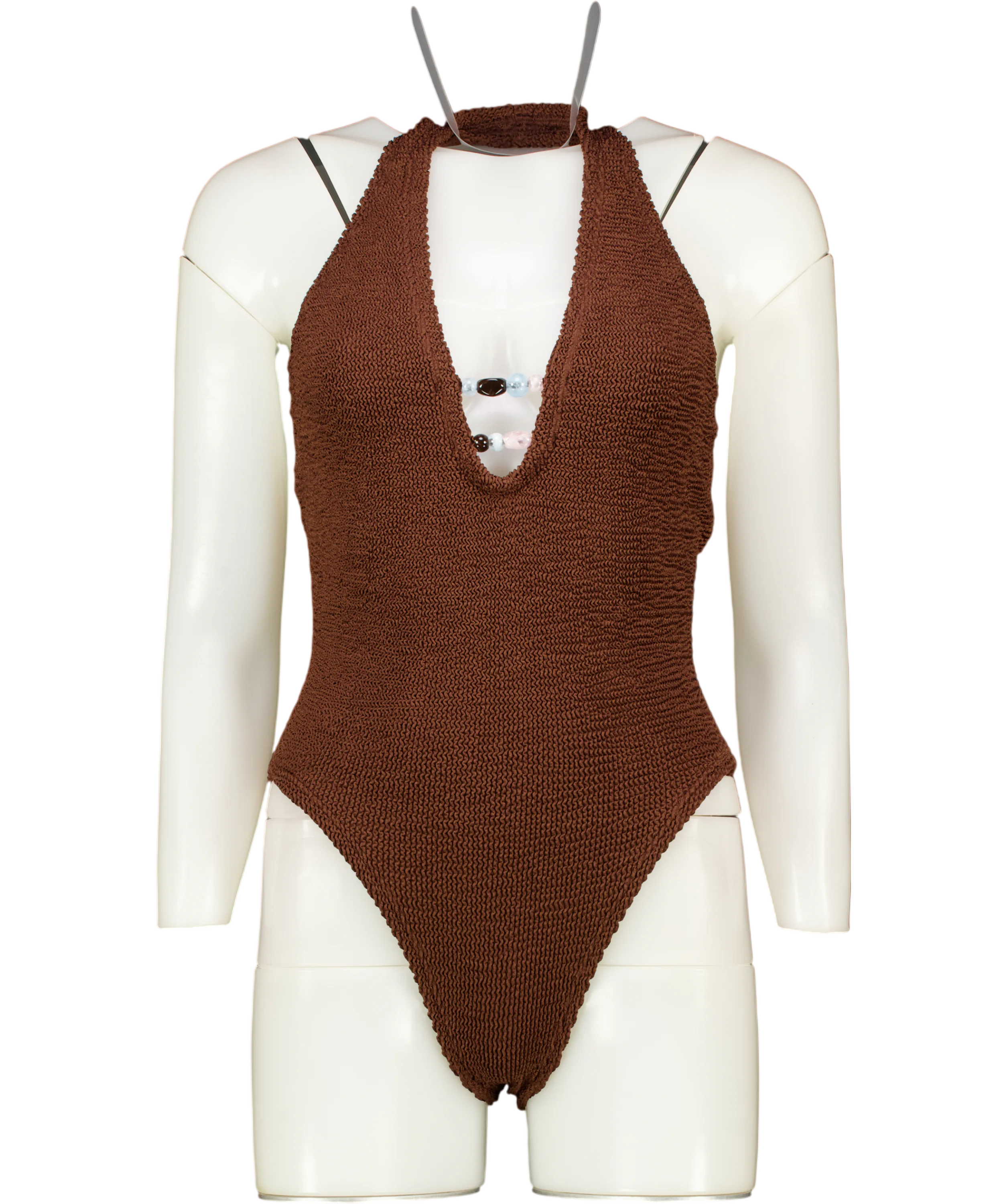 HUNZA G Chocolate Brown Adriana Halter Beaded Swimsuit One Size