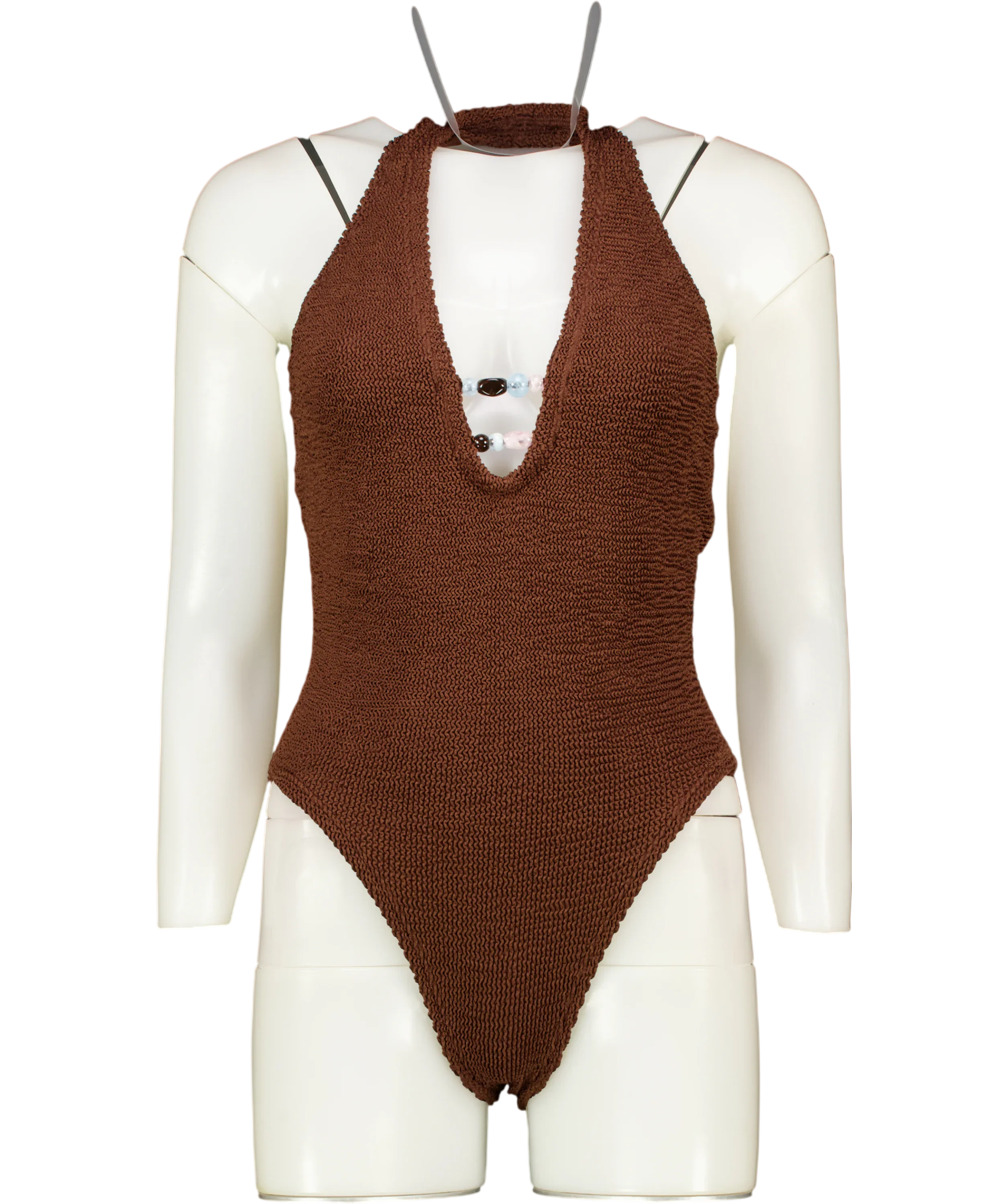 HUNZA G Chocolate Brown Adriana Halter Beaded Swimsuit One Size