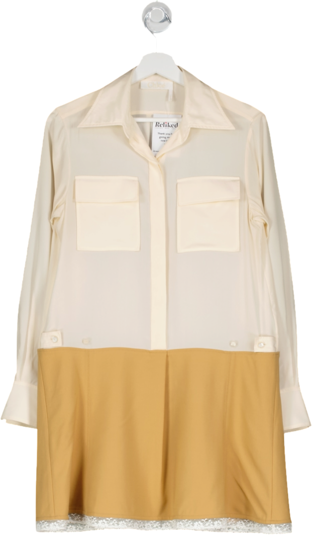 CHLOE Cream Shirt Dress With Lace Trim Skirt UK M
