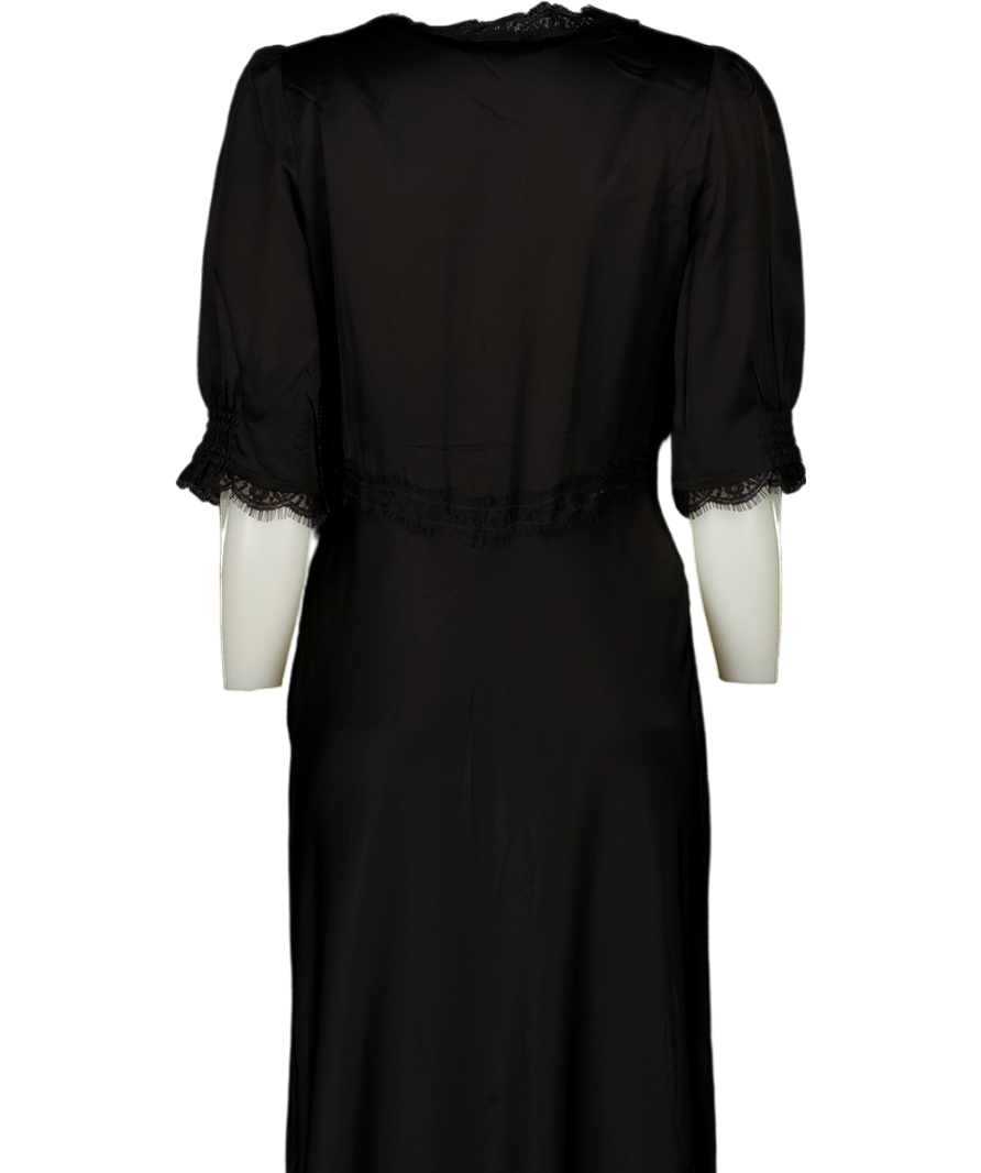 RIXO Black Annina Satin & Lace Trim Midi Dress UK 12