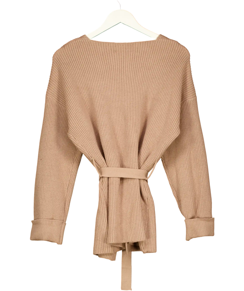 L'ACADEMIE Beige Taupe Ribbed Knit Wrap Cardigan UK S