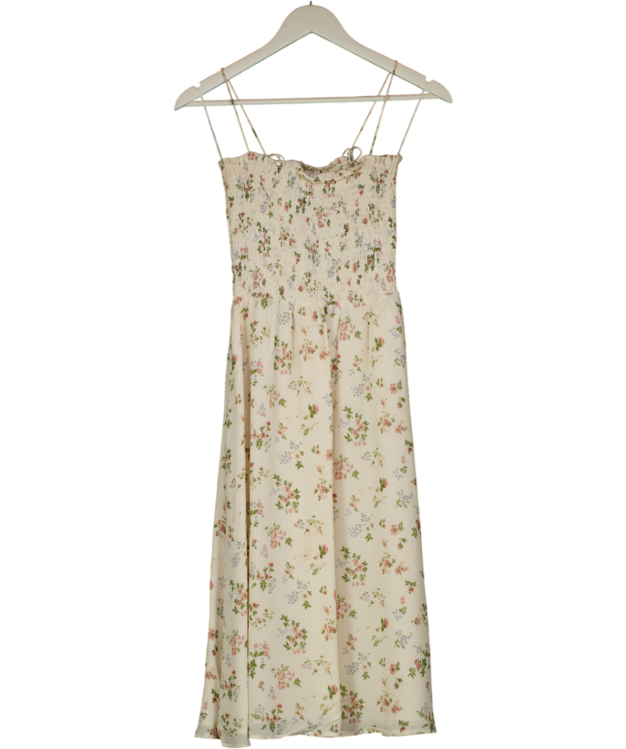 REFORMATION Cream Floral Tie Shoulder Shirred Bodice Midi Dress UK XS