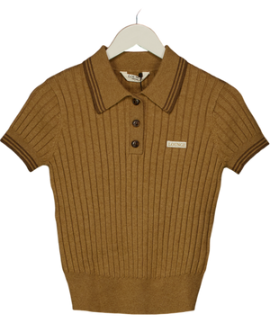 LOUNGE APPAREL Knitted Polo Top - Tan Brown UK S
