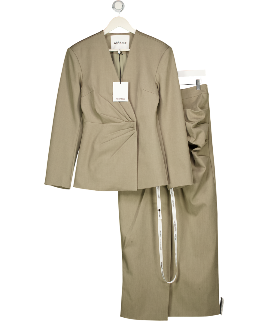 ARRANGE 2-piece Green / Grey Cinched Waist Blazer & Draped Tailored Maxi Skirt Set UK 10