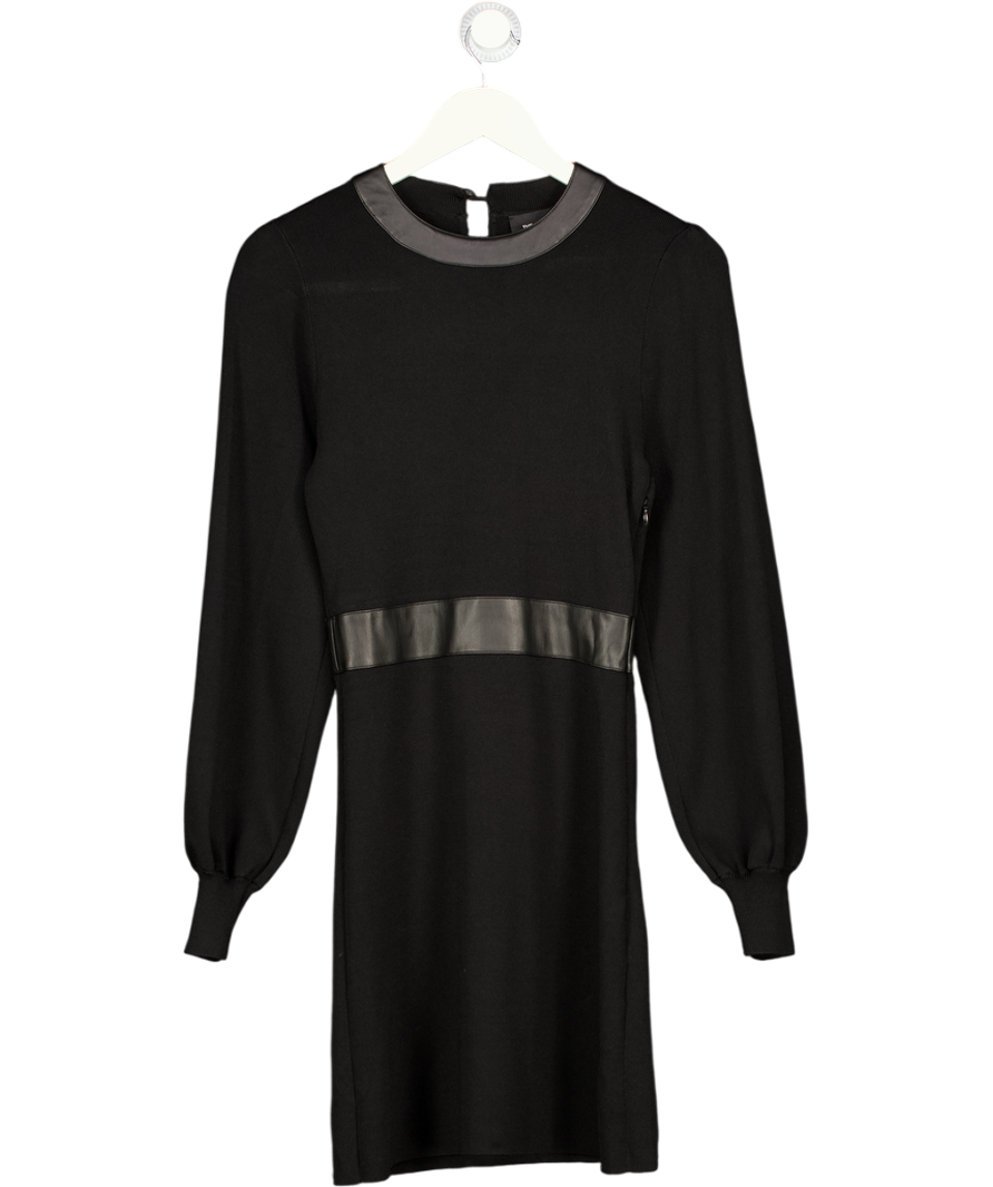 THE KOOPLES Black Knit Long Sleeve Dress With Leather Trims Sz1 UK 8