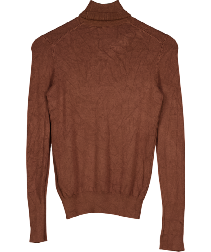 ZARA Brown Fine Knit Roll Neck Jumper With Gold Button Detail UK S