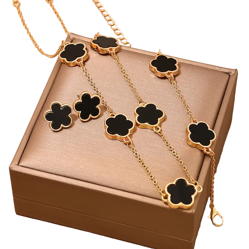 3-Piece Black Clover Necklace/Earrings/Bracelet Set in Tulle Gift Bag