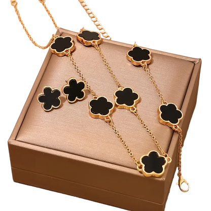 3-Piece Black Clover Necklace/Earrings/Bracelet Set in Tulle Gift Bag