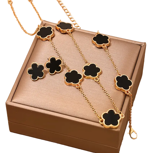 3-Piece Black Clover Necklace/Earrings/Bracelet Set in Tulle Gift Bag