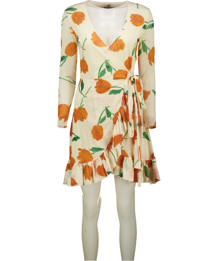 Ganni Orange & Off - White Floral Tulip Wrap Mini Mesh Dress UK S