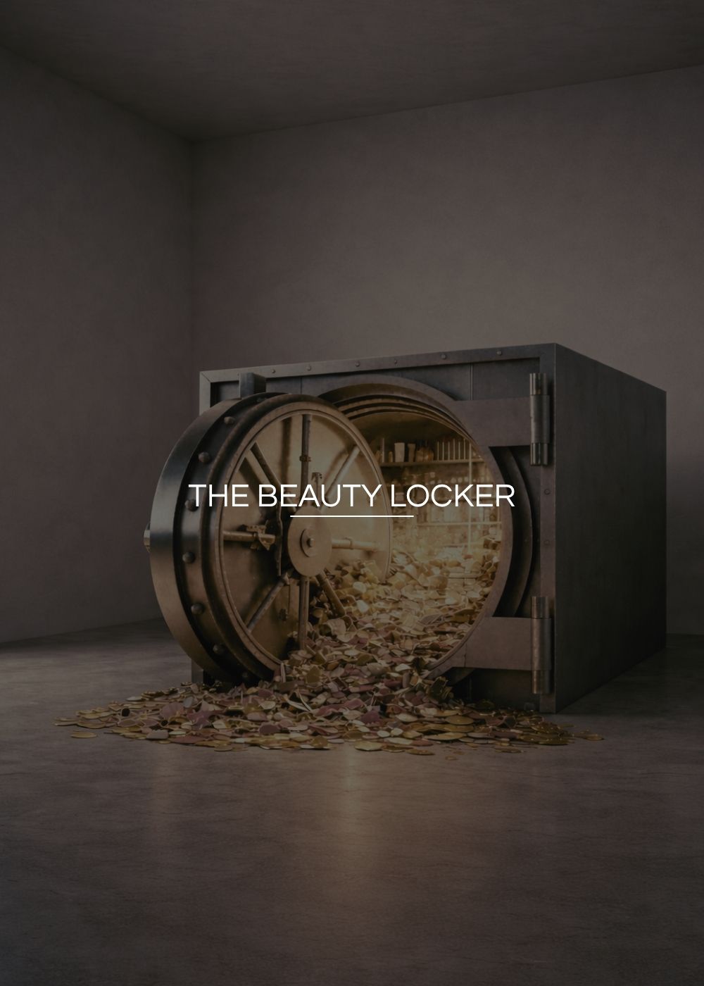 Decorative object resembling a beauty locker with coins spilling out on a dark background.