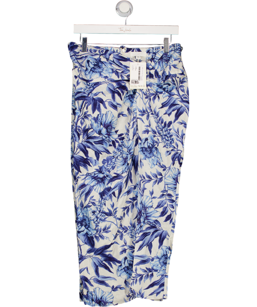 H&M White & Blue Floral Linen Blend Tie Front Midi Skirt UK 12