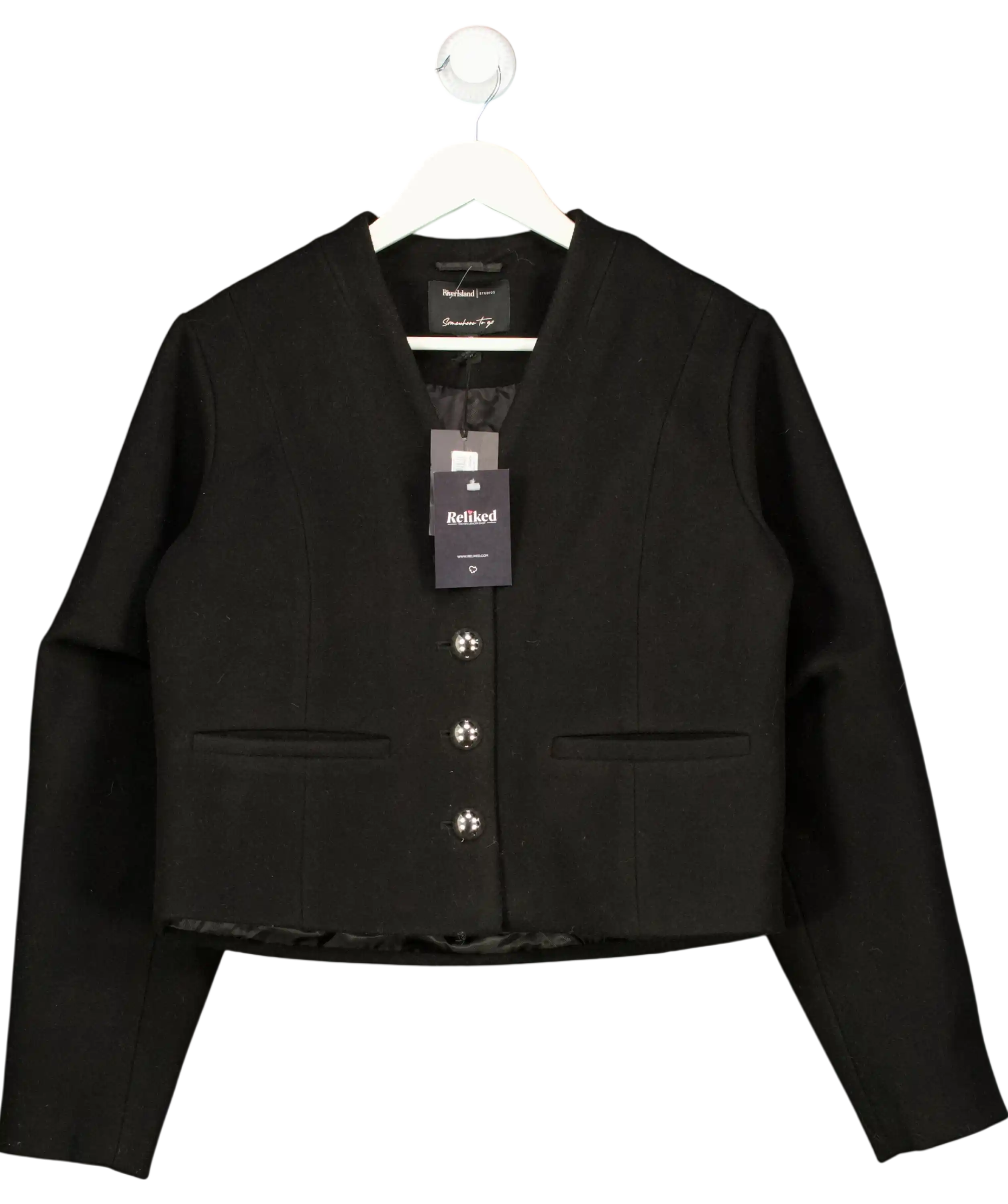 River Island Black Collarless Button Up Jacket UK 12
