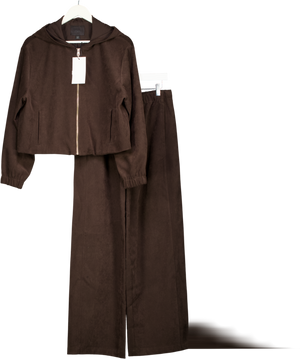 ZARA 2-piece Chocolate Brown  Suede Feel Hooded Top (uk S) And Wide Leg Trousers UK M