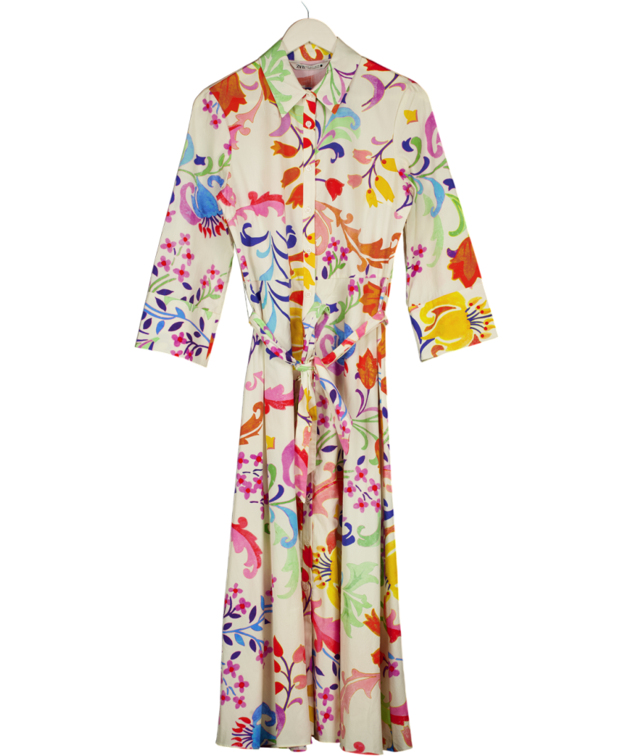 ZARA White / Multi Floral Print Shirt Dress UK S