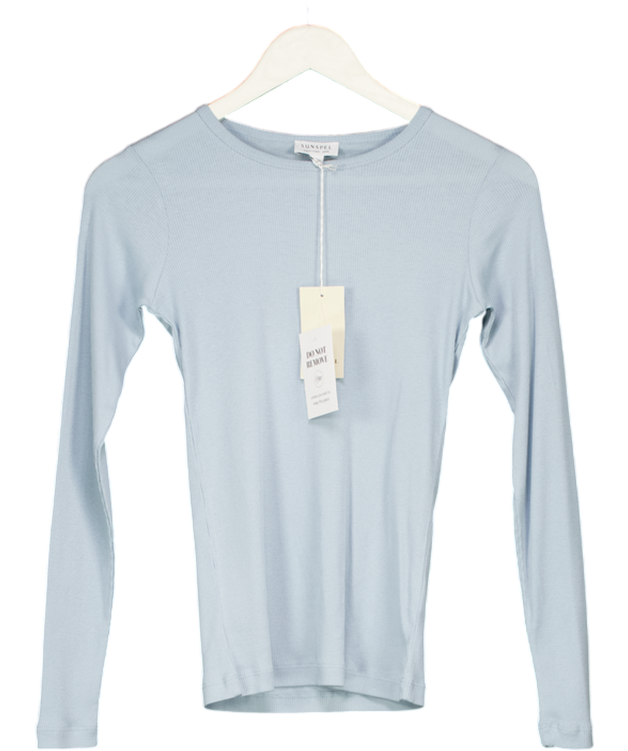 Sunspel Blue W134 Ribbed Long Sleeve T‑shirt UK XXS