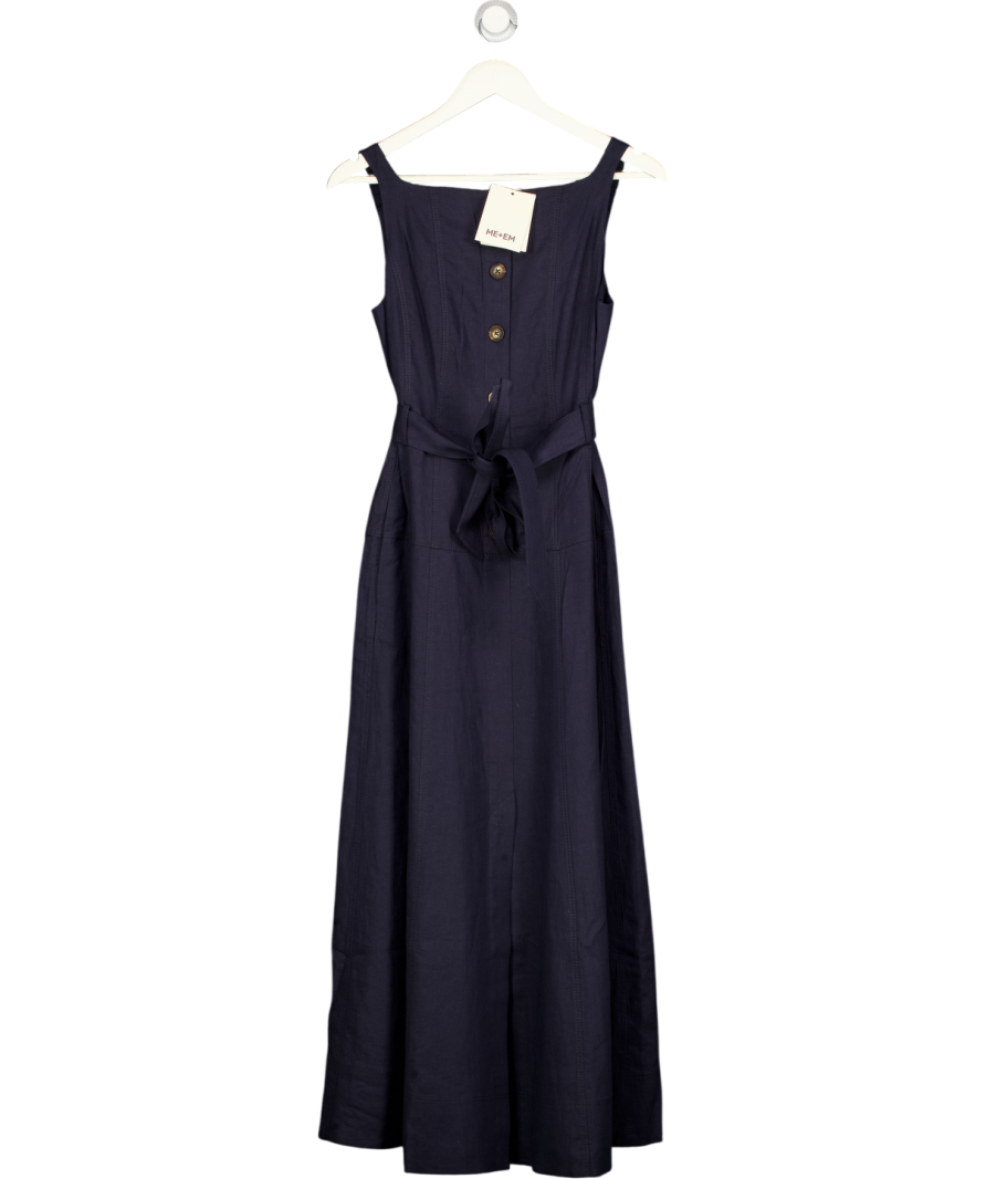 ME + EM Navy Blue Button Front Maxi Dress Crease-less Linen UK 8