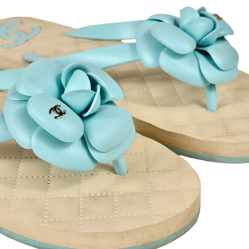 CHANEL Aqua Blue Camelia CC Flip Flops UK 6 EU 39