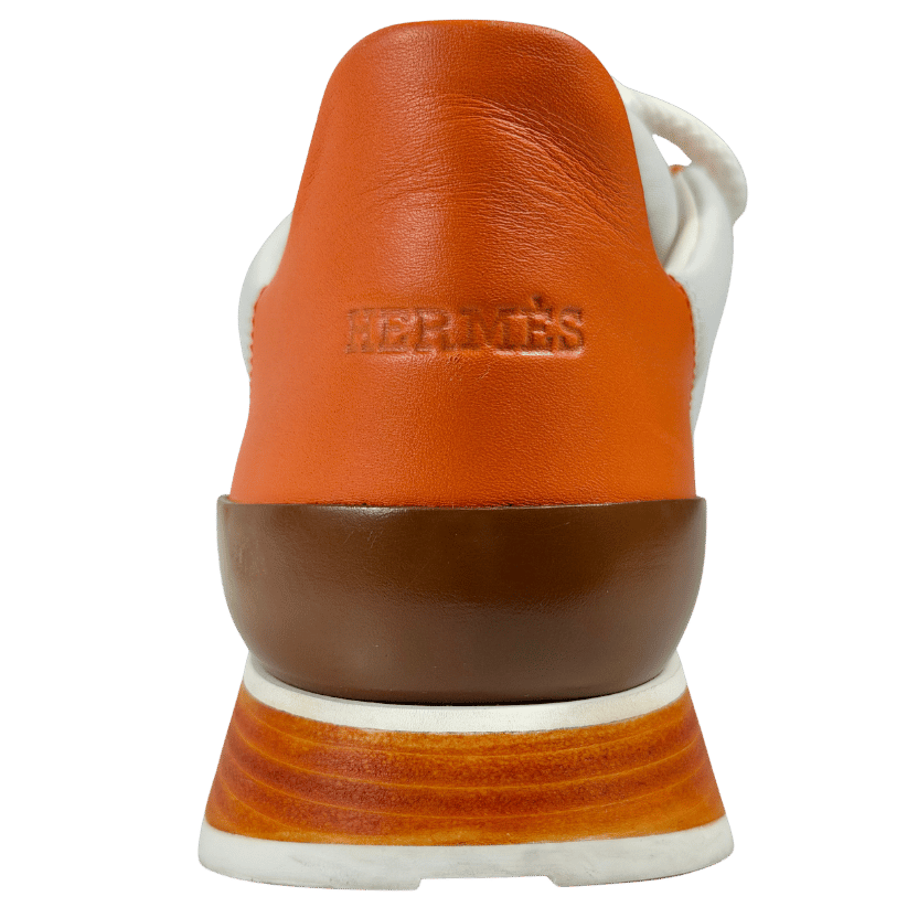 HERMES Miles White / Orange Leather And Neoprene Low Top Sneakers UK 5.5 EU 38.5