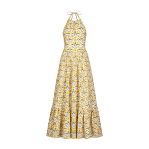 AGUA BY AGUA BENDITA Yellow Naranja Floral Cotton Poplin Maxi Halter Dress UK S