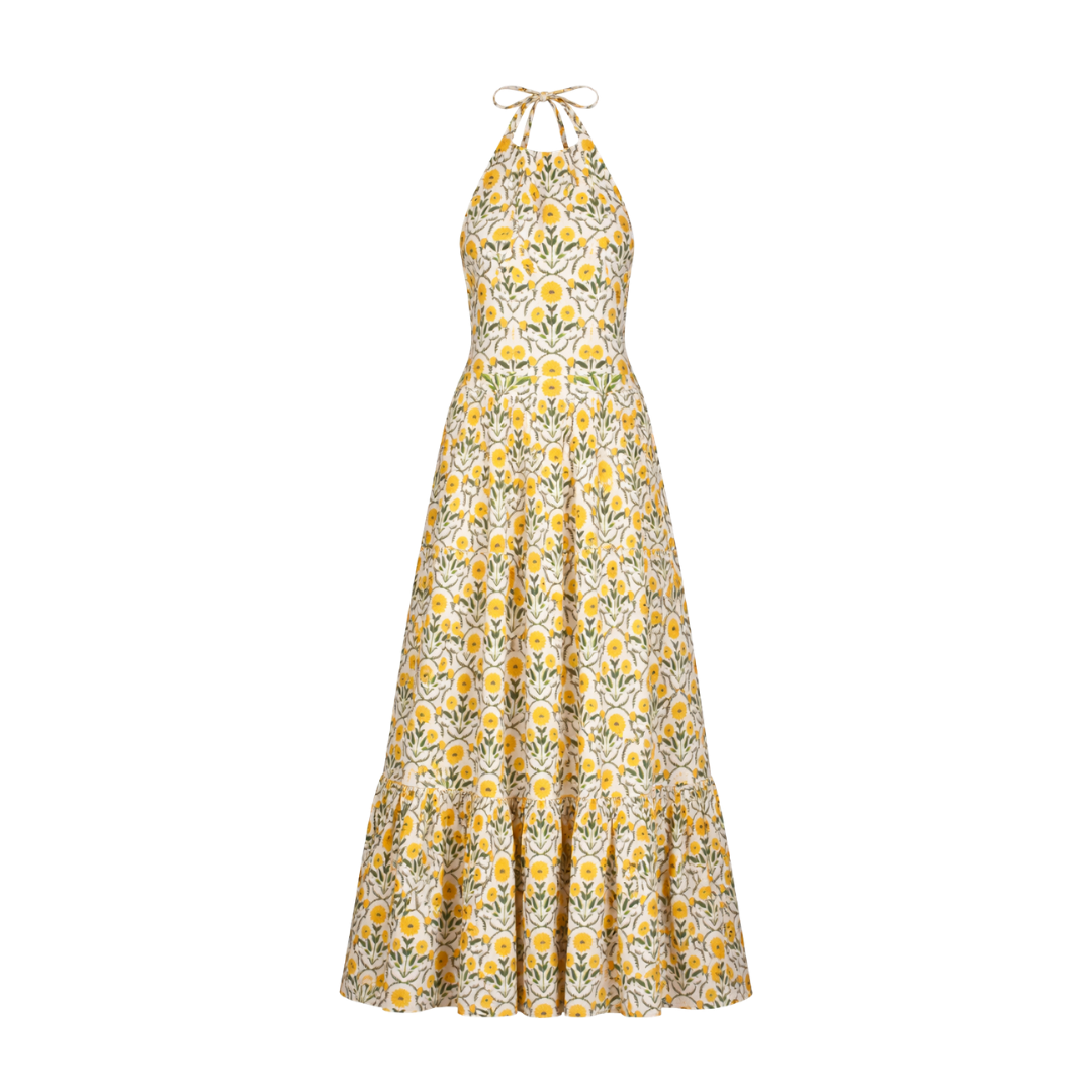 AGUA BY AGUA BENDITA Yellow Naranja Floral Cotton Poplin Maxi Halter Dress UK S