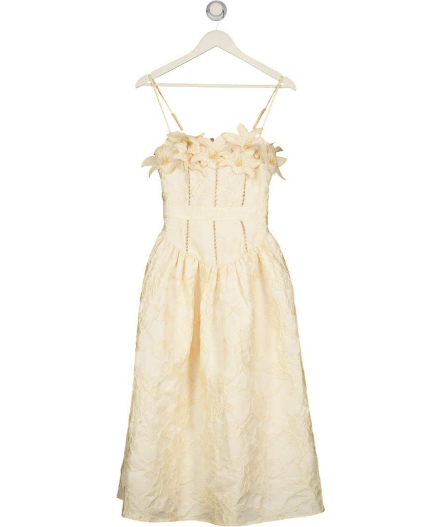 LIPSY Pale Yellow Premium 3d Flower Pearl Fit And Flare Strappy Midi Dress UK 8