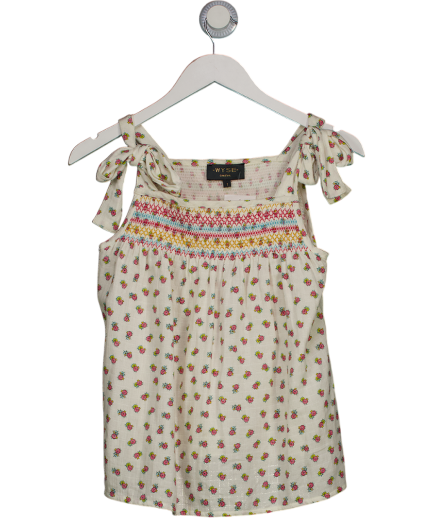 WYSE LONDON White Floral Smocked Tie Shoulder Cami Top Sz1 UK 8